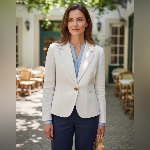 H by Halston Jackets & Blazers - H by Halston White Linen Cropped Blazer Size L Single Button Lightweight Jacket